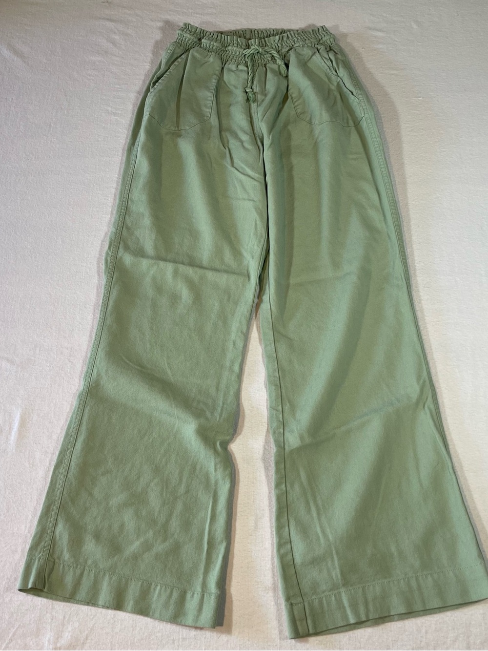Wide Leg Pull-On Linen Blend Women's Pants Sage Green Elastic Drawstring XL